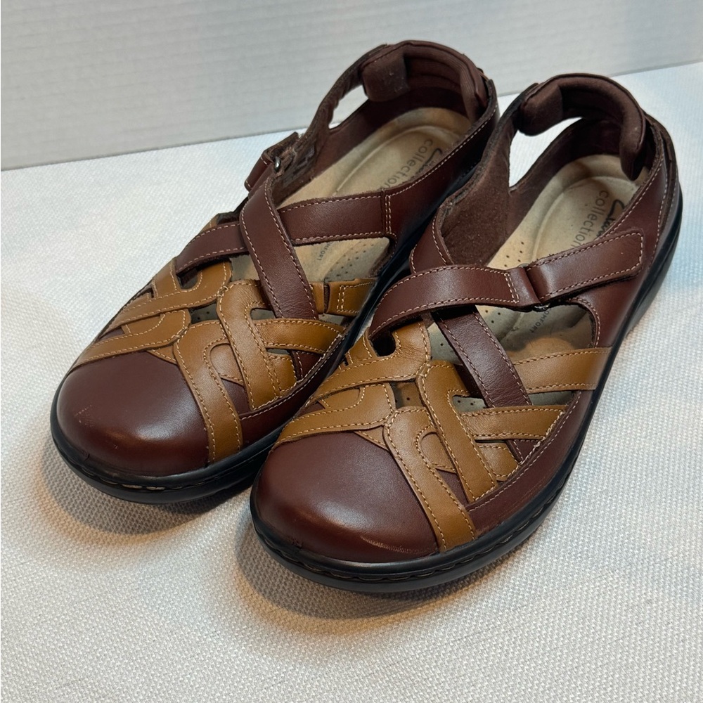 Clarks Collection Cora Dream Two Tone Brown Leather Sandals Size 9.5M